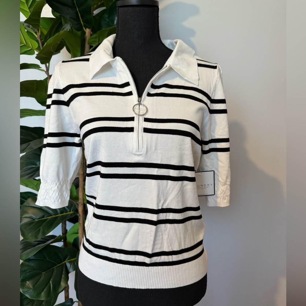 Laundry By Shelli Segal White and Black Striped Half-Zip Polo Sweater